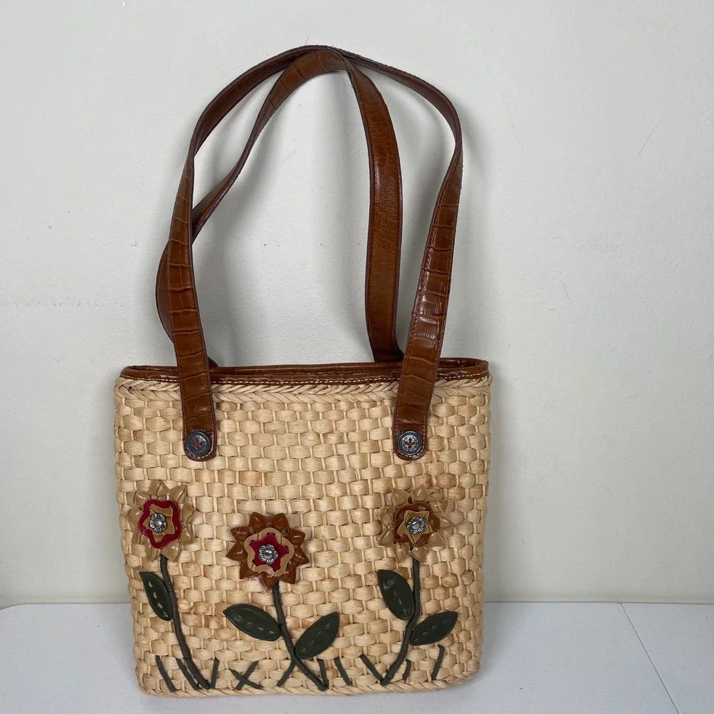 Vintage Elka Woven Straw Floral Applique Satchel Purse Handbag‎ Boho Cottage